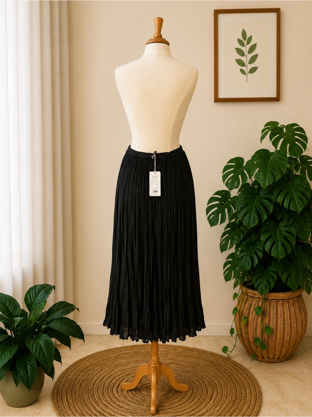 Viviana Uchitel NWT Black 100% Silk Pleated Midi Maxi Skirt Tie Waist - Picture 2 of 5
